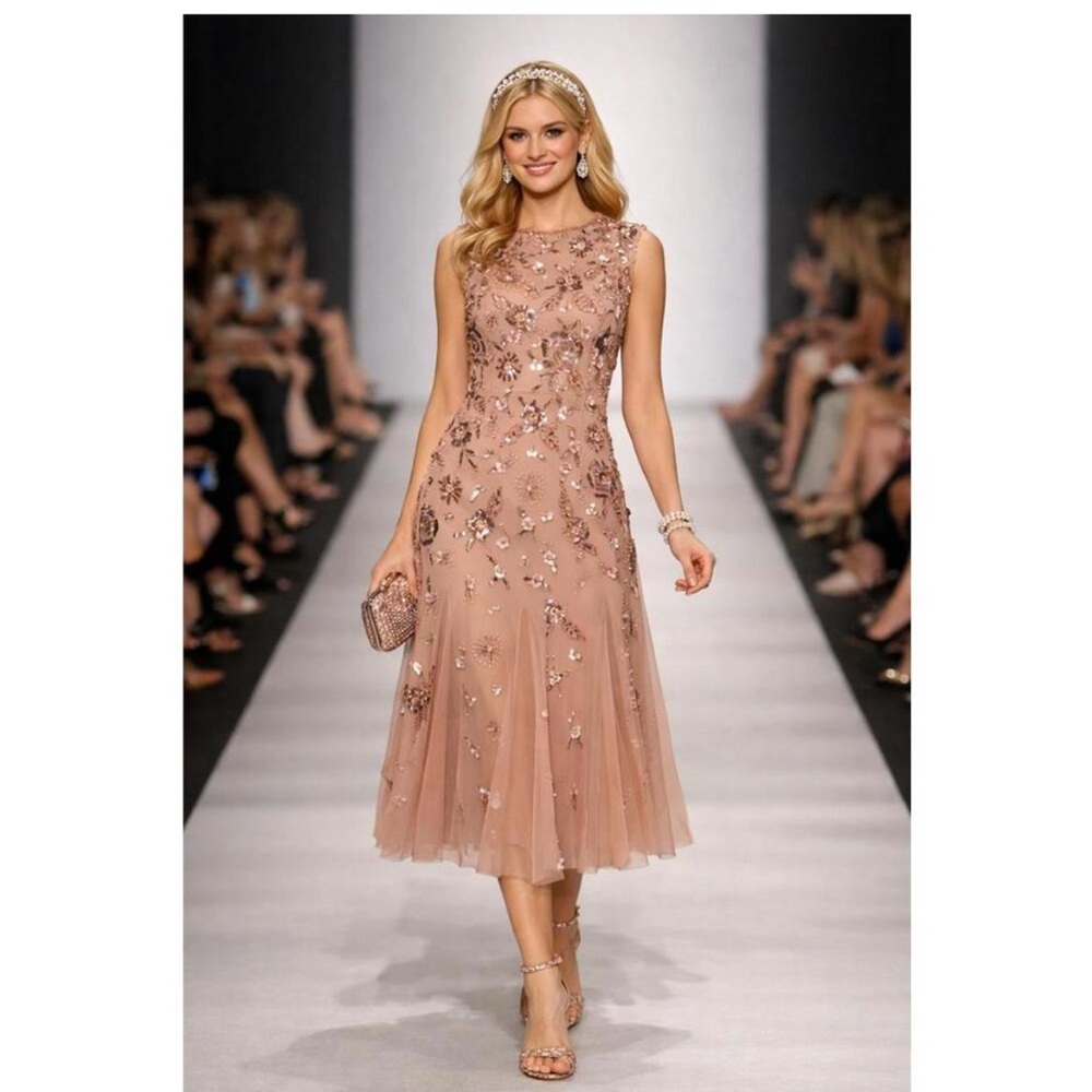 Adrianna Papell Beaded Midi Dress SZ 20 NWT Rose Gold Cocktail Formal Gown GALA